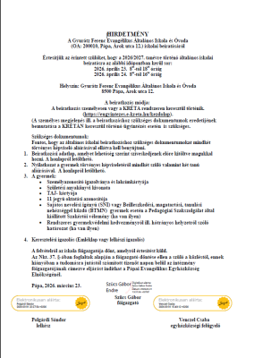 Hirdetmény beiratásról a 2026/2027. tanévre 